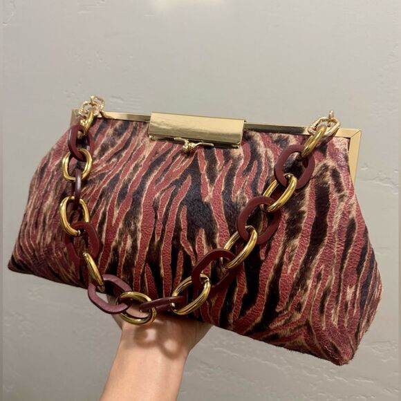 Tiger Stripes Hair-on Cowhide Handmade Unique Folding Kisslock Handbag/Multi Use - Picture 6 of 16